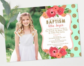 lds baptism invitations - Mint and Coral Floral and gold Christening - baptism announcement - Printable Digital Download