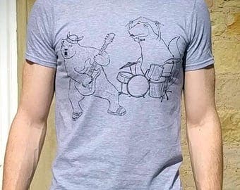 Bear & Dinosaur T-Shirt - Rocking Out - guitar drums rock band t-shirt Bear tee - T-Rex Dinosaur Tshirt - Gift for Him - Unisex shirt