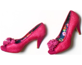 Next Pink Woven Sisal Peep Toes Tassel Heels Shoes UK 5.5 US 8 EU 38.5
