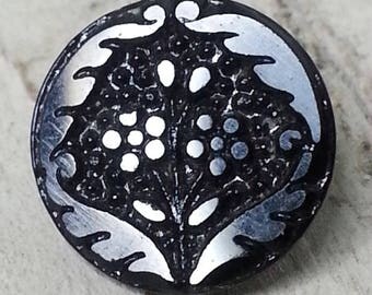 Lovely Vintage Black Glass Flower Picture Button ~ 9/16 inch 14mm ~ Incised Foral Design with Graceful Border ~ Pictorial Sewing Button
