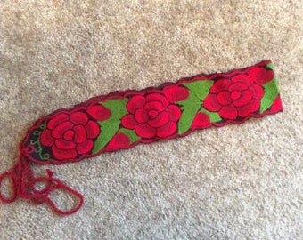 Red mexican embroidery boho obi belt, Boho style obi belt, one size belt, Cinto bordado, Frida Kahlo style obi belt, embroidery belt