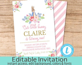 First Birthday Invitation / Peter Rabbit Floral Watercolor invitation /Pink Bunny Invitation/ Vintage First Birthday / editable Invitation
