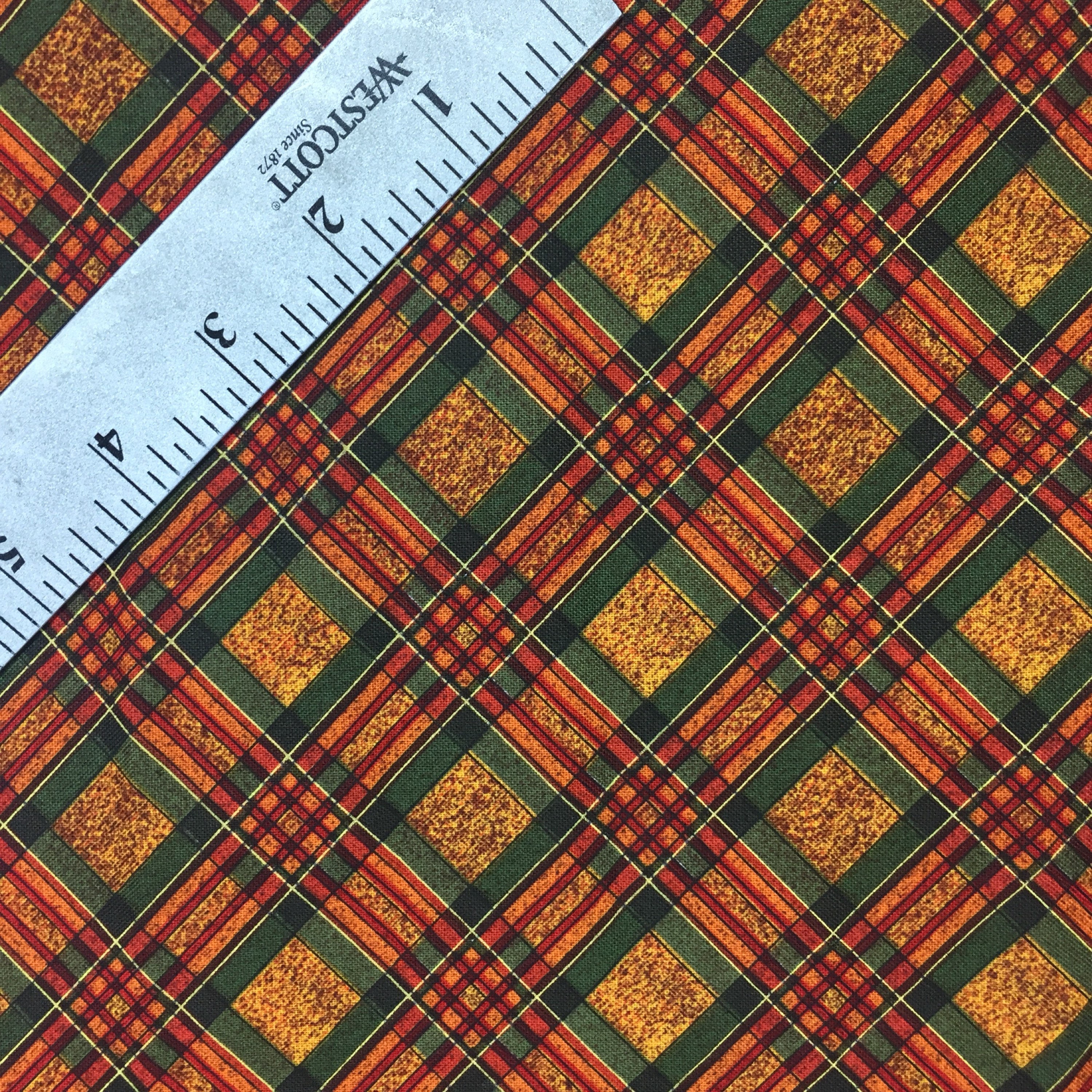 Orange Brown Green Gold Plaid Fabric by the yard, 100 Cotton from