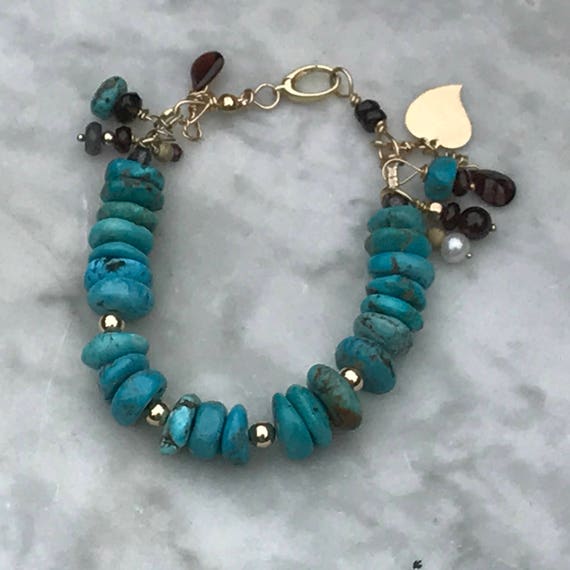 14 k Gold and Turquoise Bracelet - Gold heart Charm - Garnets - Rustic Turquoise and Gold Jewelry - Southwestern Sundance style