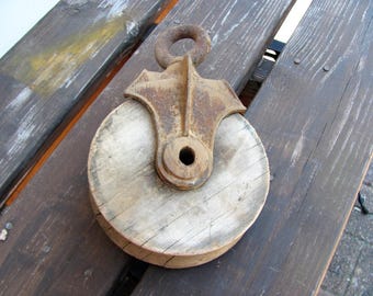 Old Cast Iron and Wood Barn Pulley / Rustic Barn Decor