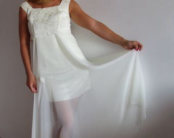 cream wedding gown, ivory wedding dress, Eco Wedding Dress, Unique Ivory chiffon lace wedding dress, upcycled bridal gown, Size 6, Small.