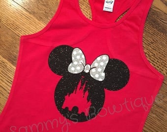 Minnie Mouse with castle girls tank! Disney tank, disney family shirts, glitter, minnie mouse tank. Personalized disney shirts