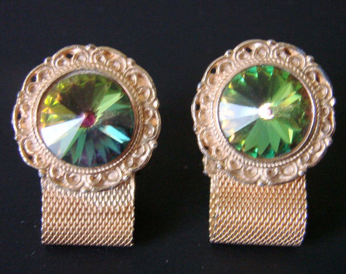 Retro Vintage Green Watermelon Volcano Rivoli Glass Mesh Wrap Cuff Links / 1960s / Wedding Groom / Groomsmen / Jewelry / Jewellery