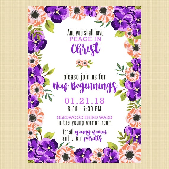 LDS New Beginnings Invitation Young Women in Excellence 2018