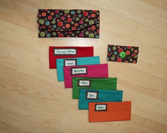 Fabric Cash Envelope system with EMBROIDERED LABELS - multi colored polka dots