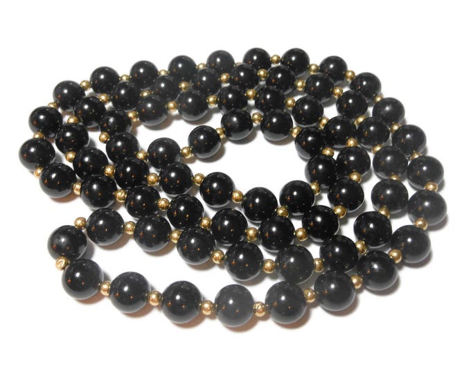 FREE SHIPPING Black glass bead necklace, long 30" necklace, black with gold metal seed bead separators, single strand