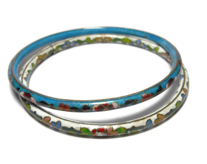 FREE SHIPPING Cloisonne bangle bracelets, set of two, white and blue bangles, floral pattern, gold edging, enamel finish, Chinese export