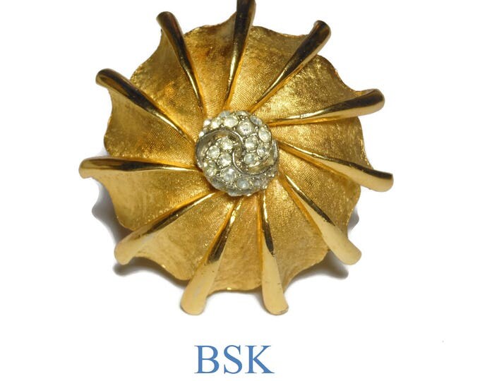 FREE SHIPPING BSK Nautilus Dome Brooch, Gold Pave Clear Rhinestone Center, matte & shiny gold finish, large pin