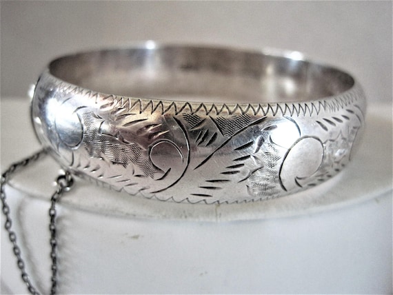 Sterling Silver Bracelet - Wide Etched Trim - Hinged with Safety Chain - Sterling Bangle