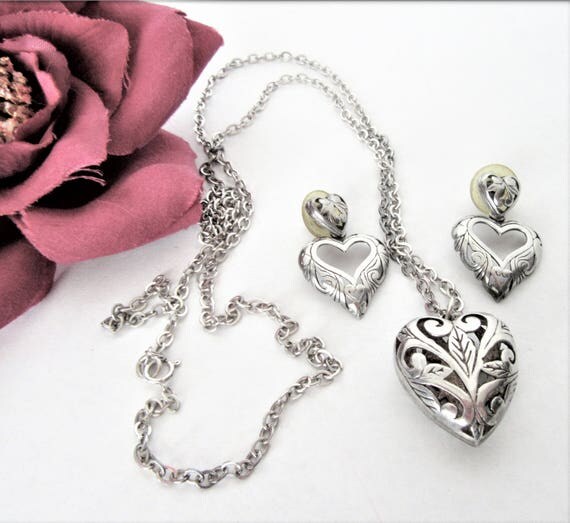 Sterling Heart Necklace Earrings - Open Work Heart Pendant - Chain Earrings
