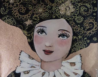 Colombine portrait in black and gold with glitter.