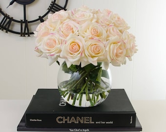 Three (3) Dozens Real Touch Ivory Pink Tipped Roses Bubble Glass Vase Arrangement Artificial Faux Silk Flowers for Home Decor