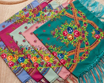 Russian shawl Different colors. Floral chale russe, Chic scarf, Mantón hustka. Babushka head scarf Fringed Shawls Platok