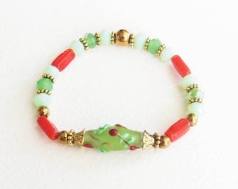 Bracelet Romantique avec Pierres de Gemmes - Comme dans un jardin - Pierre Hématites, Perles Verre Lampwork - Bijou créateur en pièce unique