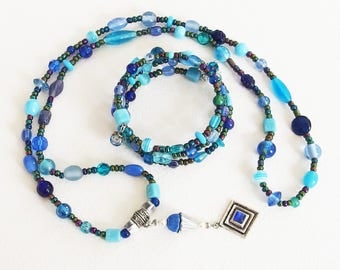 Parure Collier Bracelet Manchette - Bleu du Ciel dans l'Univers - Perles de Verre, Métal Argenté - Bijoux créateur, fait-main, pièce unique