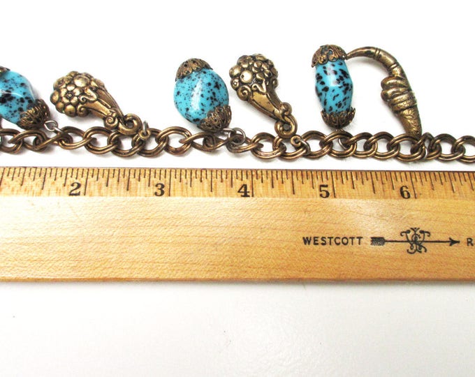 Brass Charm Bracelet - Turquoise blue art glass - unique brass charms- chain bangle