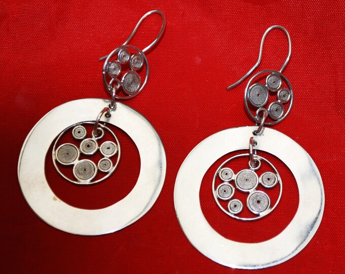 Sterling Dangle circle Earrings - Pierced multi circle rings - Calder Style - Modernistic Earring