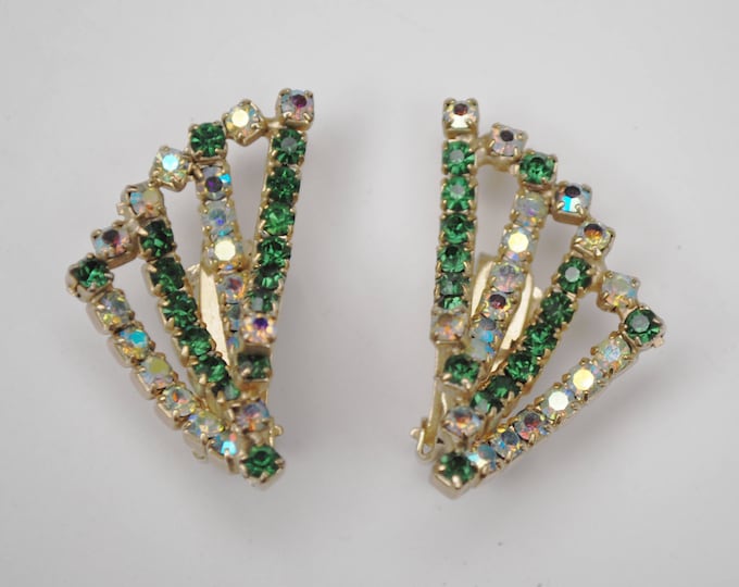 Hobe Bead earrings - Green Rhinestone - AB aurora borealis Crystal - gold plated - clip on earring