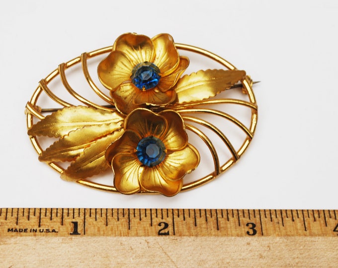 Blue Rhinestone Flower Brooch - Oval - Gold repousse Leaf - Floral flower pin