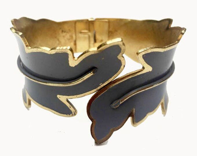 Clamper Leaf bracelet - Grey Enamel - gold leaves - mid century -Hinged Bangle