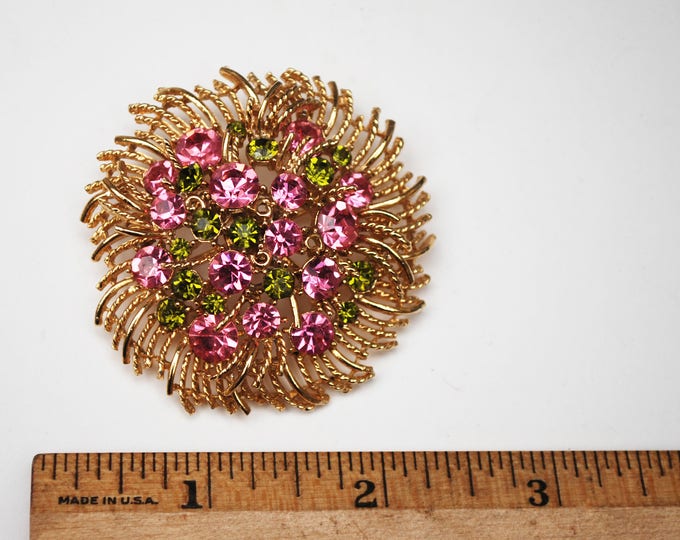 Lisner Pink Rhinestone Brooch - gold tone Flower leaf - Mid Century pin