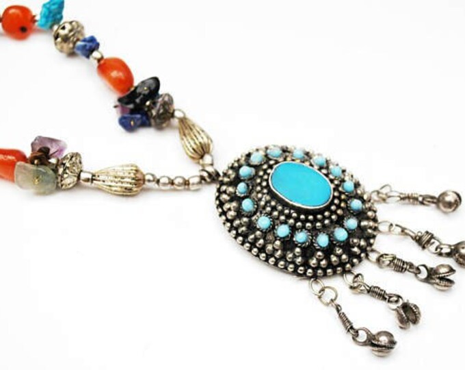 Boho Turquoise Blue and silver Pendant necklace - silver blue lapis howlite carnelian amethyst turquoise gemstone -