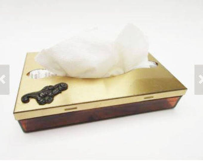 Vintage Tissue Box - Tortoise shell Lucite - Brass - mini for pocket pack Kleenex - Gold tone