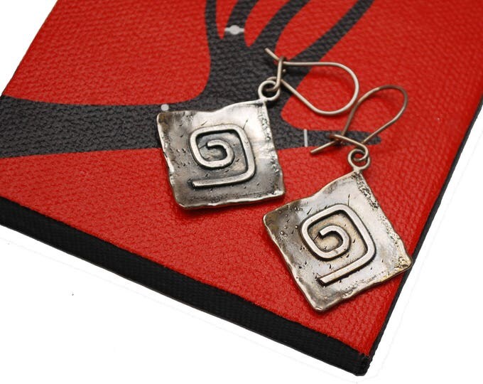 Sterling Silver Dangle Earrings - Hammer Square - modernistic swirl earring