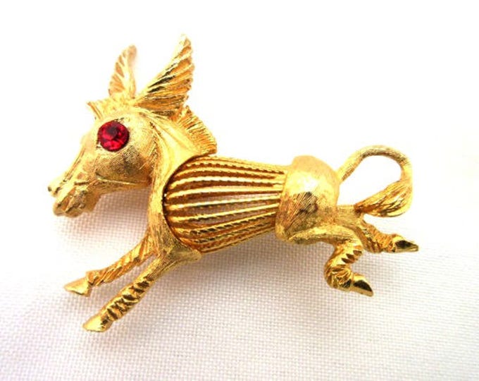 Horse Brooch - gold tone Metal - Red Rhinestone - Donkey pin