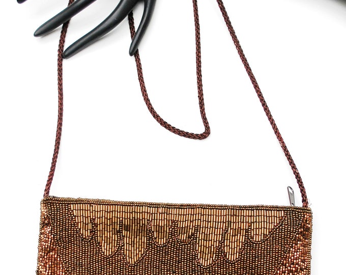 Brown Carla Marchi Beaded Evening Bag - Brass Clutch purse - Seguence