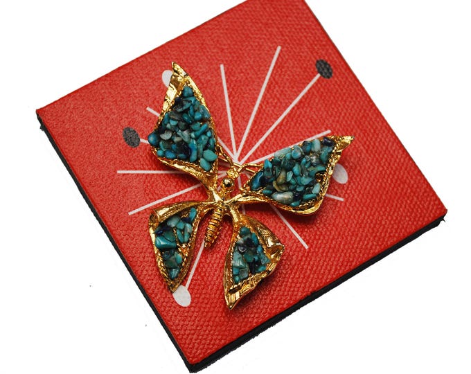 Turquoise Chip Butterfly Brooch - Agua Blue Gemstone - Gold metal - Insect Pin