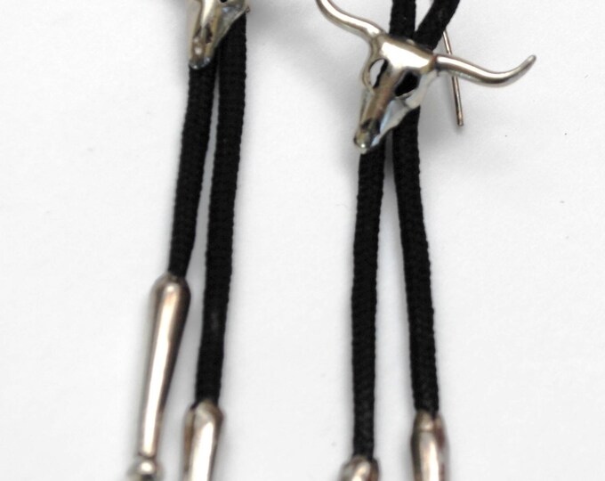 Sterling Bolor Tie Earrings - Silver cow skull - black nylon - dangle drop - Tribal Southwestern - pierced earring