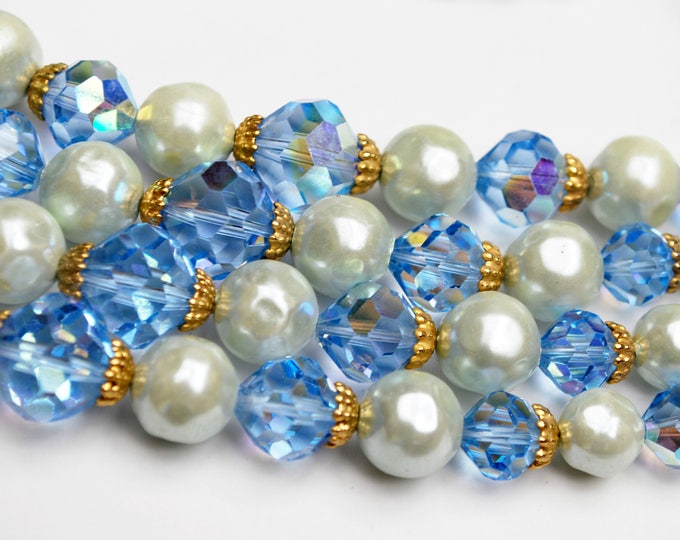 Blue Crystal white pearl Bead Necklace and earring set - Signed Laguna - Aurora borealis - multi strand - Mid century