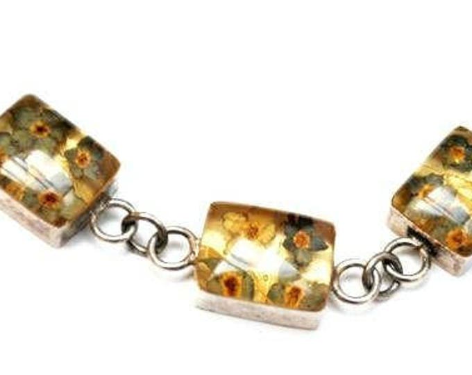 Sterling Link bracelet - Dried Yellow Flower in resin stone - Lucite bangle