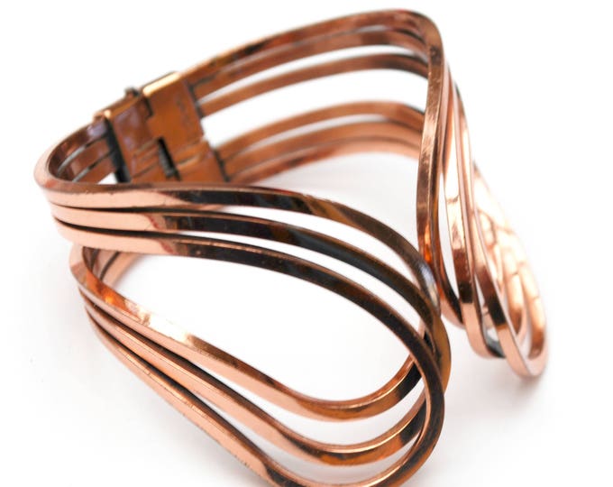 Renoir Copper Bangle - Hinged Bracelet - wide wire - Scroll Rhythm- bangle cuff - Mid century Mod