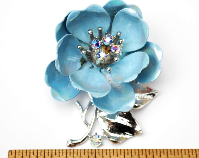 Coro Blue Flower Brooch - AB Rhinestone - light Powder blue - enamel on metal floral pin