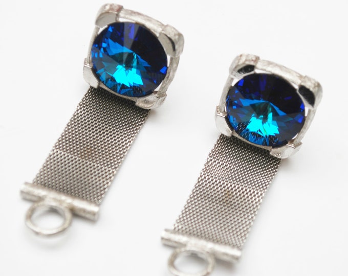 Blue Rivoli Cuff link - Signed Dante - silver metal mesh -glass crystal - Rhinestone cuff links