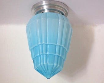 French Art Deco Geometric SKYSCRAPER Hanging Light Fixture 1930s - Gorgeous Light Blue - Amazing Details - Art Deco Lighting