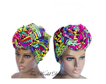 Kente Print head wraps /Turban head wrap/African Head wraps/Multicolor/ African hair accessory/ African Fabric/ African Head scarf/ HT182