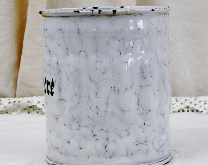 Antique French Chippy White and Blue Marbled Enamel Sugar Canister with Gothic Lettering, French Country Kitchen Enamelware Decor