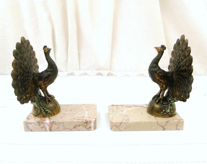 Antique French Art Deco Cold Painted Metal Peacocks on Pink Marble Bookends, Bird Book Buttresses From France, Animal Book Ends, Retro Home