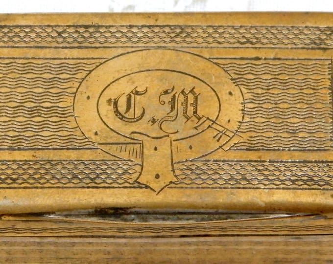 Antique French Victorian Rectangular Small Brass Box Engraved with the Monograms CM, Metal Snuff Box with Initials CM From France, Retro Tin