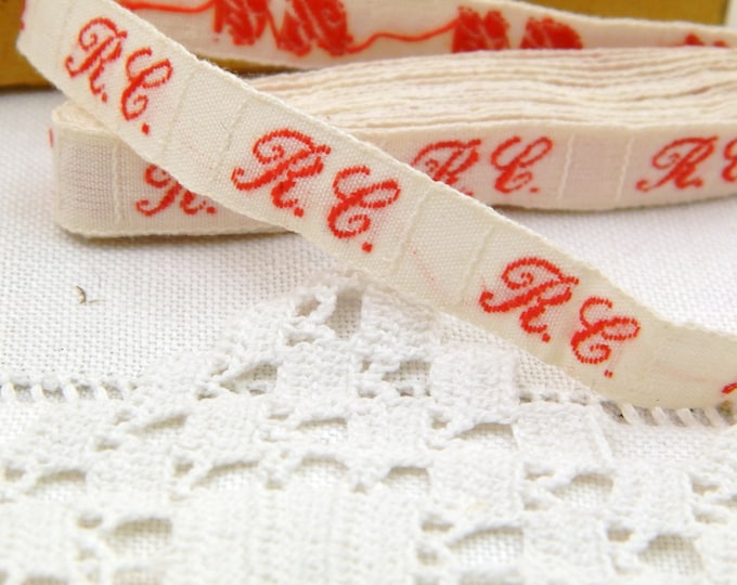 140 Vintage French Embroidered Monogram R C Laundry Labels 290 cm / 114.1 inches Long with Original Box, Red on White Cotton Initials