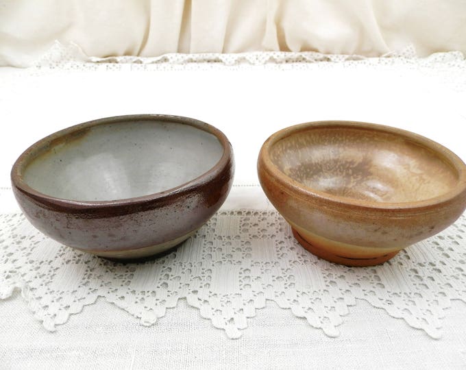 2 Antique Primitive French Rillette du Mans Stoneware Ceramic Bowls, Rustic Pottery Paté Dishes from Rural France, Country Kitchen Decor