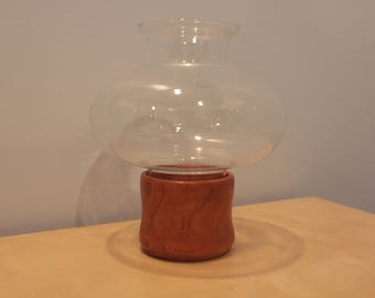 Vintage Teak and Glass Hurricane Candle Holder